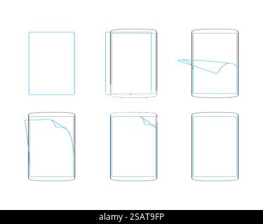 Set apply screen protector flat icons  outline vector illustration EPS. Set apply screen protector flat icons Stock Vector