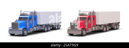 Set of realistic trucks with trailers. Color vector illustration, front and side view. Blank body, mockup. Lorry with red and blue cab. Image with shadows on white background. Set of realistic trucks with trailers. Color vector illustration, front and side view Stock Vector
