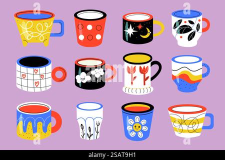 Trendy cups. Beautiful tea and coffee mugs, color patterned crockery, cute hot morning drinks ceramics, different designs cozy tableware, trendy bright colors, vector cartoon flat style isolated set. Trendy cups. Beautiful tea and coffee mugs, color patterned crockery, cute hot morning drinks ceramics, different designs cozy tableware, trendy colors, vector cartoon flat isolated set Stock Vector