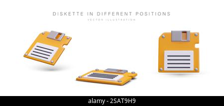3D color diskette. Symbol of saving information. Old data recording element. Retro computer magnetic floppy disk. Set of isolated vector icons for web design. 3D color diskette. Symbol of saving information. Old data recording element Stock Vector