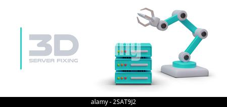 Server fixing. Repair and maintenance. Assistance of professionals in emergency termination of work. Quick repair of breakdowns. Realistic color illustration, place for service company logo. Server fixing. Repair and maintenance. Assistance of professionals in emergency termination Stock Vector