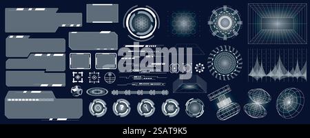 Cyberpunk futuristic user interface mega set in flat design. Bundle elements of hud dashboard, gui elements, vr hologram, ui templates with buttons, bars. Vector illustration isolated graphic objects Stock Vector