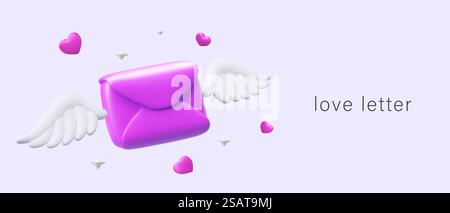 Love letter. 3D pink envelope with white wings, floating hearts. Romantic concept in cartoon style. Advertisement for matchmaking application. Vector template for web design. Love letter. 3D pink envelope with white wings, floating hearts Stock Vector