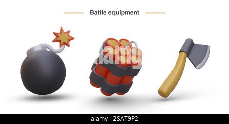 Set of equipment for battle. Round bomb with lit cord, sticks of dynamite, axe. Different types of weapons. Game isolated vector image. Color war icons. Set of equipment for battle. Round bomb with lit cord, sticks of dynamite, axe Stock Vector