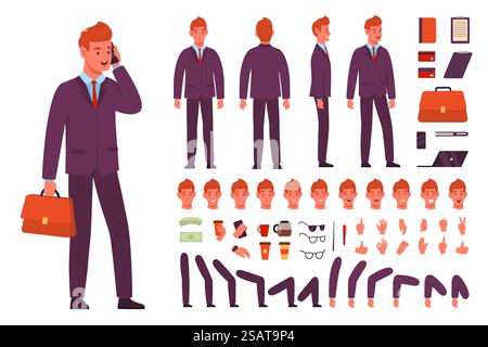 Cartoon businessman character kit. Office employee different poses, various emotions, separate body parts in different positions, man in strict suit, accessories, office objects and tools vector set. Cartoon businessman character kit. Office employee different poses, various emotions, separate body parts in different positions, man in strict suit, accessories vector set Stock Vector