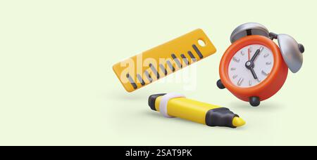 Realistic 3d alarm clock, yellow marker and measuring ruler. Elements for drawing and measuring time. Colorful vector illustration with place for text and yellow background. Realistic 3d alarm clock, yellow marker and measuring ruler. Elements for drawing and measuring time Stock Vector