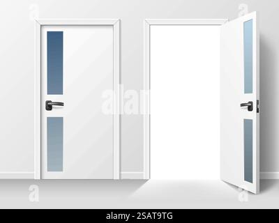 Opened and closed door. Realistic white interior door with transparent glass elements and black handles, 3d isolated home object, office entrance, exit, skirting board, welcome utter vector concept. Opened and closed door. Realistic white interior door with transparent glass elements and black handles, 3d isolated home object, office entrance, exit, skirting board, utter vector concept Stock Vector