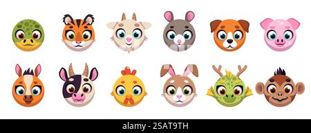 Animals circle faces. Funny cartoon muzzles, round shapes, UI apps icons, cute wildlife characters, chinese horoscope signs, app signs, funny fauna faces. Kawaii rat, pig and cow, vector isolated set. Animals circle faces. Funny cartoon muzzles, round shapes, UI apps icons, cute wildlife characters, chinese horoscope signs, app signs, funny fauna faces. Vector isolated set Stock Vector
