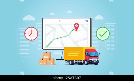 Order package in E commerce. Delivery package by truck. Tracking courier by map web application. Vector illustration with blue background Stock Vector