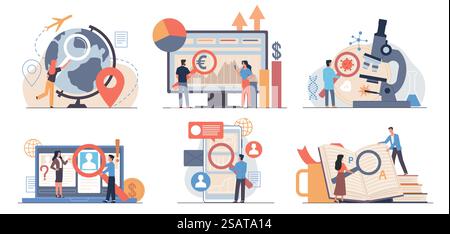 Characters with magnifying glass. Tiny men and women in different actions with big loupes, people investigation and close study, search information in internet, vector cartoon flat style isolated set. Characters with magnifying glass. Tiny men and women in different actions with big loupes, people investigation and close study, search information in internet, vector cartoon flat set Stock Vector