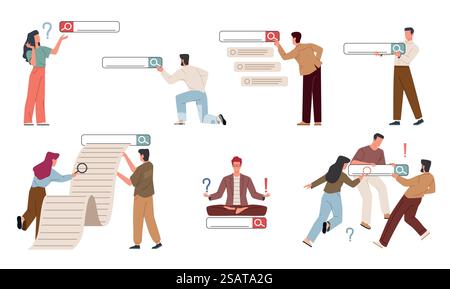 Search bars and people. Data personalization, refinement, interface users, browsing information, seo discovery concept, Young characters look for and find query in web browser, nowaday vector set. Search bars and people. Data personalization, refinement, interface users, browsing information, seo discovery concept. Characters look for and find query in web browser, nowaday vector set Stock Vector