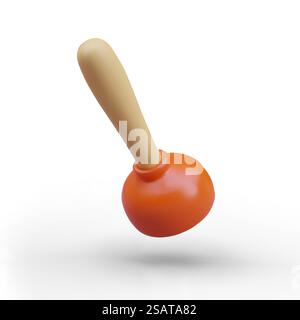 Toilet plunger in red colors with wood handle on white background. Professional plumber equipment. Toilet cleaning tool. Vector illustration in cartoon 3d style. Toilet plunger in red colors with wood handle on white background Stock Vector