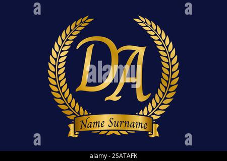 Initial letter D and A, DA monogram logo design with laurel wreath. Luxury golden emblem with calligraphy font. Stock Vector