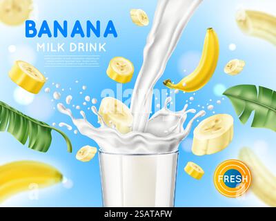 Banana splash poster. Realistic fruit milk advertising banner, yogurt jet, flying drops, white drink in glass cup, tropical green leaves, 3d isolated element, product presentation utter vector concept. Banana splash poster. Realistic fruit milk advertising banner, yogurt jet, flying drops, white drink in glass cup, tropical green leaves, 3d elements, product presentation utter vector concept Stock Vector