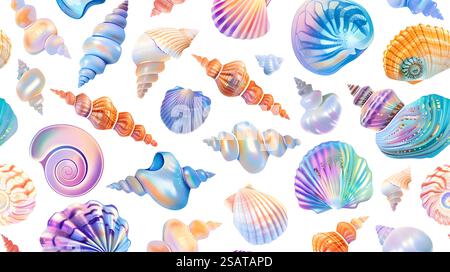 This image depicts a seamless,repeating pattern of colorful seashells ...