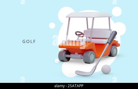 Mini passenger golf car. Realistic illustration in cartoon style. Transporting players. Advertising of golf club with large course. Expensive luxury sport. Mini passenger golf car. Realistic illustration in cartoon style. Transporting players Stock Vector