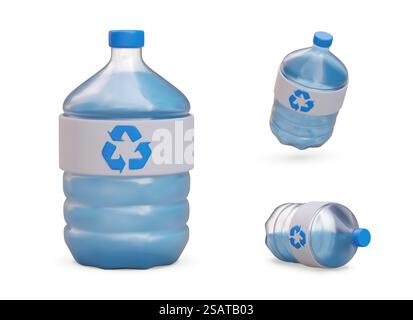 Realistic bottled water. Recyclable plastic packaging for liquids. Big blue bottles set for cooler, dispenser. Image in different position. Isolated objects with shadows. Realistic bottled water. Recyclable plastic packaging for liquids Stock Vector
