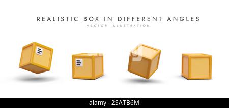 Set of realistic boxes in different positions. Icons for packaging, transport business. Containers for transportation. Isolated vector object with place for logo. Set of realistic boxes in different positions. Icons for packaging, transport business Stock Vector