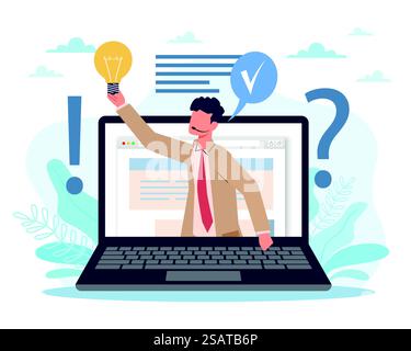 Technical support consultations, communication with customers. Man hold lightbulb, laptop screen. Hotline operator, consultant and assistant, answers to questions. Vector cartoon flat style concept. Technical support consultations, communication with customers. Laptop screen. Hotline operator, consultant and assistant, answers to questions. Vector cartoon flat style concept Stock Vector