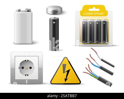 Realistic electricity elements. 3d power objects, different types alkaline batteries single and in transparent blister package, color cables, electric socket, yellow high voltage sign utter vector set. Realistic electricity elements. 3d power objects, different types alkaline batteries in transparent blister package, color cables, electric socket, yellow high voltage sign utter vector set Stock Vector