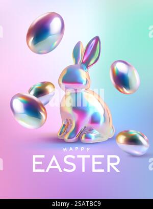 Easter poster and banner template with Rabbit and Easter eggs in colorful gradient metallic holographic style. Greetings and presents for Easter Day .Promotion and shopping template for Easter Stock Vector