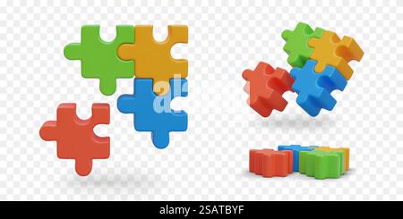 3D colorful puzzles in different positions. Selection of necessary element. Finding right solution. Symbol of solving problems. Isolated vector illustration. Business concept. 3D colorful puzzles in different positions. Selection of necessary element Stock Vector