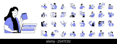 Marketing and development concept with character situations mega set in flat web design. Bundle of scenes people making advertising and online promotion with creative content. Vector illustrations. Stock Vector