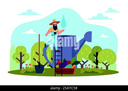 Gardening. Tiny male farmer and huge watering can and shovel, vegetables harvest in baskets, watering plants. Countryside and village life. Agriculture vector cartoon flat style isolated concept. Gardening. Tiny male farmer and huge watering can and shovel, vegetables harvest in baskets, watering plants. Countryside and village life. Agriculture vector cartoon flat concept Stock Vector