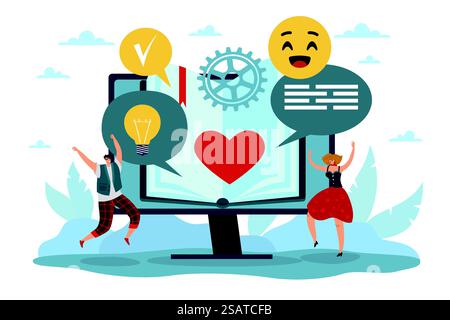 Self development, personal growth and mastery skills. Huge computer screen with book on screen and tiny people, e-learning and online tutorial. Vector cartoon flat style isolated education concept. Self development, personal growth and mastery skills. Huge computer screen with book on screen and tiny people, e-learning and online tutorial. Vector cartoon flat education concept Stock Vector
