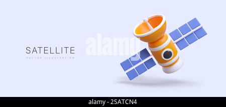 Realistic satellite in cartoon style. Device for collecting and remote data transmission. Orbital equipment. Monitoring service. Color horizontal poster with text. Realistic satellite in cartoon style. Device for collecting and remote data transmission Stock Vector