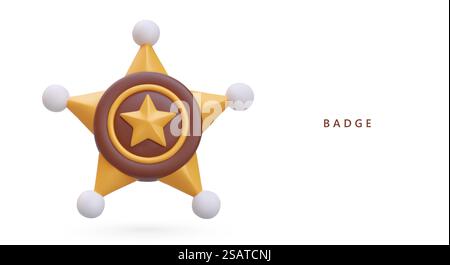 Poster with realistic sheriff star, cowboy badge. Vector element from police concept. Gold star badge. Vector illustration in 3d style with place for text. Poster with realistic sheriff star, cowboy badge. Vector element from police Stock Vector