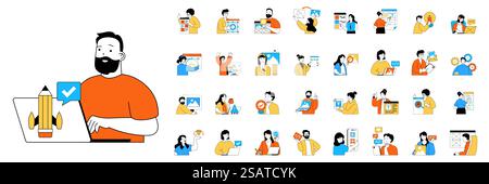 Design development concept with character situations mega set in flat web design. Bundle of scenes people creating interface layouts, making digital content, programming apps. Vector illustrations. Stock Vector