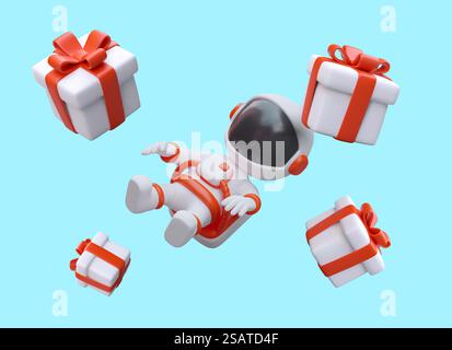 Realistic astronaut flying between gifts. Incredible promotion. Outpouring of bonuses. Vector advertising concept. Cosmic discounts on goods. Color poster for web design. Realistic astronaut flying between gifts. Incredible promotion. Outpouring of bonuses Stock Vector