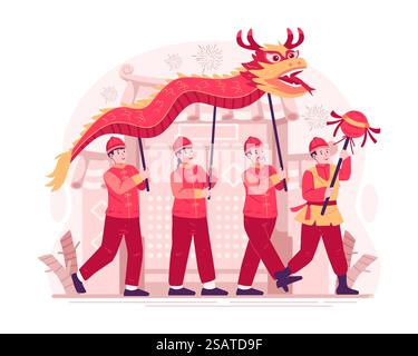 People in Traditional Costumes Perform a Dragon Dance in Front of the Temple Gate for the Chinese New Year Celebration. Traditional Chinese Parade Stock Vector