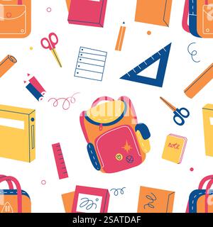 School elements seamless pattern. Color educational equipment, kids stationery print, satchel, scissors and textbooks. Decor childish textile, wrapping paper, wallpaper design swanky vector background. School elements seamless pattern. Color educational equipment, kids stationery print, satchel, scissors and textbooks. Decor childish textile, wrapping paper, wallpaper swanky vector background Stock Vector