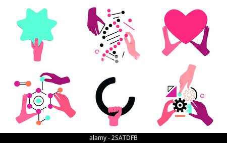 Hands holding geometric shapes. Human multinacional arms with different abstract figures, creative solving puzzles, dna molecules, heart and gears, teamwork and unity concept, nowaday vector set. Hands holding geometric shapes. Human multinacional arms with different abstract figures, creative solving puzzles, dna molecules, heart and gears, teamwork concept, nowaday vector set Stock Vector