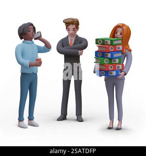 Office workers in different poses. Woman holds stack of folders, guy talks on phone, man reflects on difficult task. Vector illustrations with shadows. Woman holds stack of folders, guy talks on phone, man reflects on difficult task Stock Vector