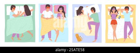Couple sleep poses. Man and woman resting bed, different positions, guy and girl characters night dream, people relax together under the blanket under blanket, vector cartoon flat style isolated set. Couple sleep poses. Man and woman resting bed, different positions, guy and girl characters night dream, people relax together under the blanket under blanket, vector cartoon flat set Stock Vector