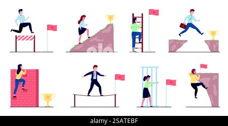 People overcoming obstacles. Businessmen and women, achieving targets activities, difficult success way, mountain and wall climb, get on stairs and jump over edge, vector cartoon flat isolated set. People overcoming obstacles. Businessmen and women, achieving targets activities, difficult success way, mountain and wall climb, get on stairs and jump over edge, vector isolated set Stock Vector