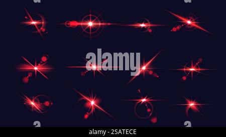 Red glare stars explosion realistic vector illustration set. Shining light flashes at darkness. Bursting spark 3d elements on dark background. Red glare explosion realistic vector illustration set Stock Vector