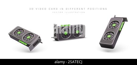 Realistic video card, display adapter. Object in different positions. Stylish video controller for creating image on display. Illustrations for shop, supplier, repairman. Realistic video card, display adapter. Object in different positions Stock Vector