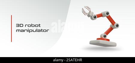 Red realistic mechanical hand. Robotic industrial manipulator. Time of new technologies. Advertising of store of automatic equipment for factory. Color vector. Red realistic mechanical hand. Robotic industrial manipulator Stock Vector