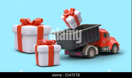 3D dumper with gifts. Cute concept in cartoon style. Announcement of generous promotion. Bonuses for buyers. Prize draw. Vector color banner for web design. 3D dumper with gifts. Cute concept in cartoon style. Announcement of generous promotion Stock Vector