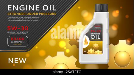 Realistic fuel poster. Motor mineral oil plastic bottle, golden gears and drop, car engine care, 3d isolated canister, advertising banner template, auto promotional flyer, utter vector ad concept. Realistic fuel poster. Motor mineral oil plastic bottle, golden gears and drop, car engine care, 3d isolated canister, advertising banner template, auto promotional flyer utter vector concept Stock Vector