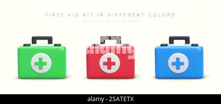 Realistic first aid kits in different colors. Collection of illustrations for web design. Emergency medical care symbol. Basic set of medicines in portable box. Realistic first aid kits in different colors. Collection of illustrations for web design Stock Vector