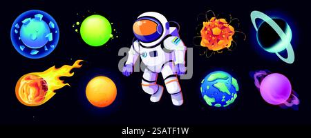 Astronaut and planets mega set in cartoon graphic design. Bundle elements of fantasy alien planets, comets, asteroids, meteorites and flying explorer spaceman. Vector illustration isolated objects Stock Vector