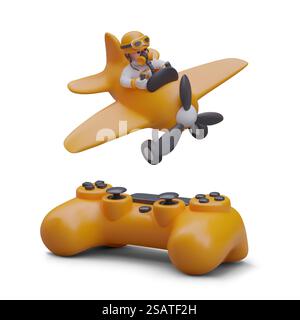 Yellow plane with pilot, gamepad. 3D vector illustration. Concept of virtual game. Aircraft control simulation. Fun leisure time, entertainment, rest. Web design. Yellow plane with pilot, gamepad. 3D vector illustration. Concept of virtual game Stock Vector