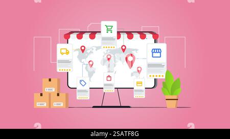 Online store e commerce concept illustration. Online shopping illustration of wide range products. Vector illustration with pink or red color background. Stock Vector