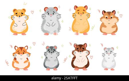 Hamster breeds. Cute little pets, different types, home rodents, funny fluffy animals various sizes and colors, cartoon flat style comic characters, swanky pet vector isolated on white mascot set. Hamster breeds. Cute little pets, different types, home rodents, funny fluffy animals various sizes and colors, cartoon flat style comic characters, swanky pet vector isolated mascot set Stock Vector