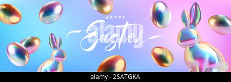 Easter poster and banner template with Rabbit and Easter eggs in colorful gradient metallic holographic style.Greetings and presents for Easter Day .Promotion and shopping template for Easter Stock Vector